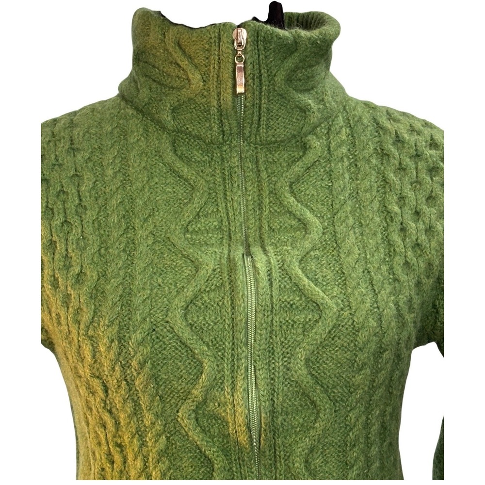 Arancrafts Ireland Green 100% Merino Wool Full Zip Cable‎ Knit Sweater Womens S